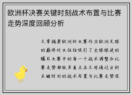 欧洲杯决赛关键时刻战术布置与比赛走势深度回顾分析